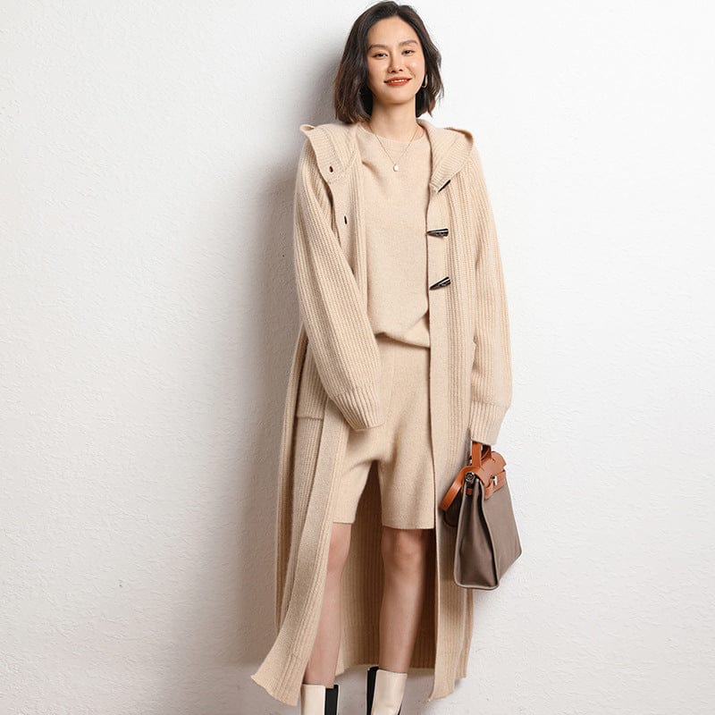 Long Below Knee Thickening Hooded Sweater Horn Button Trench Coat - MyStylz