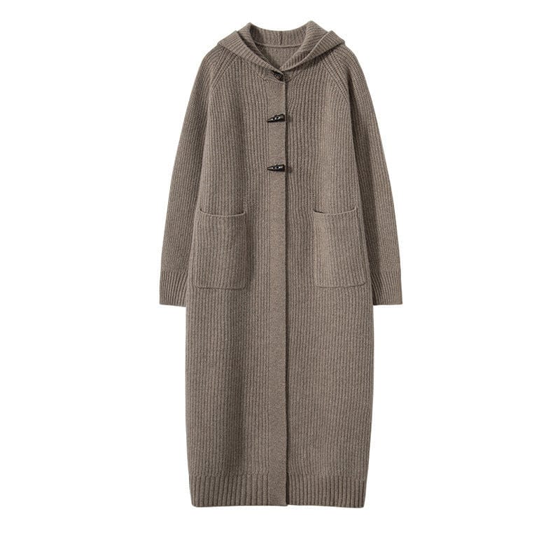 Long Below Knee Thickening Hooded Sweater Horn Button Trench Coat - MyStylz