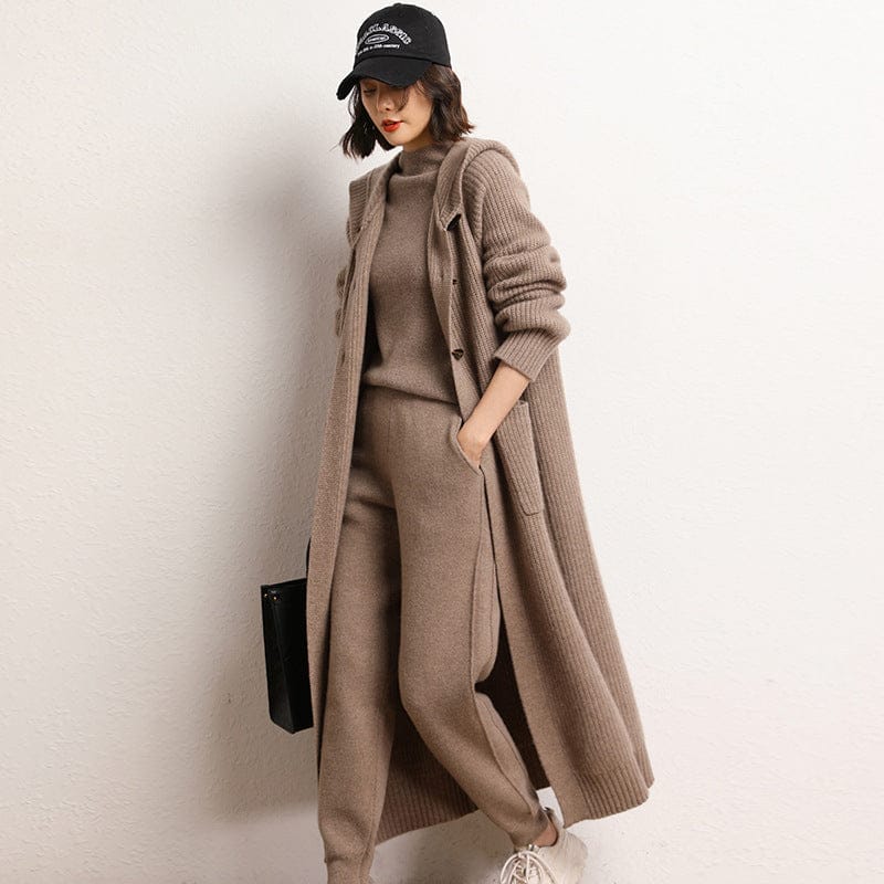 Long Below Knee Thickening Hooded Sweater Horn Button Trench Coat - MyStylz