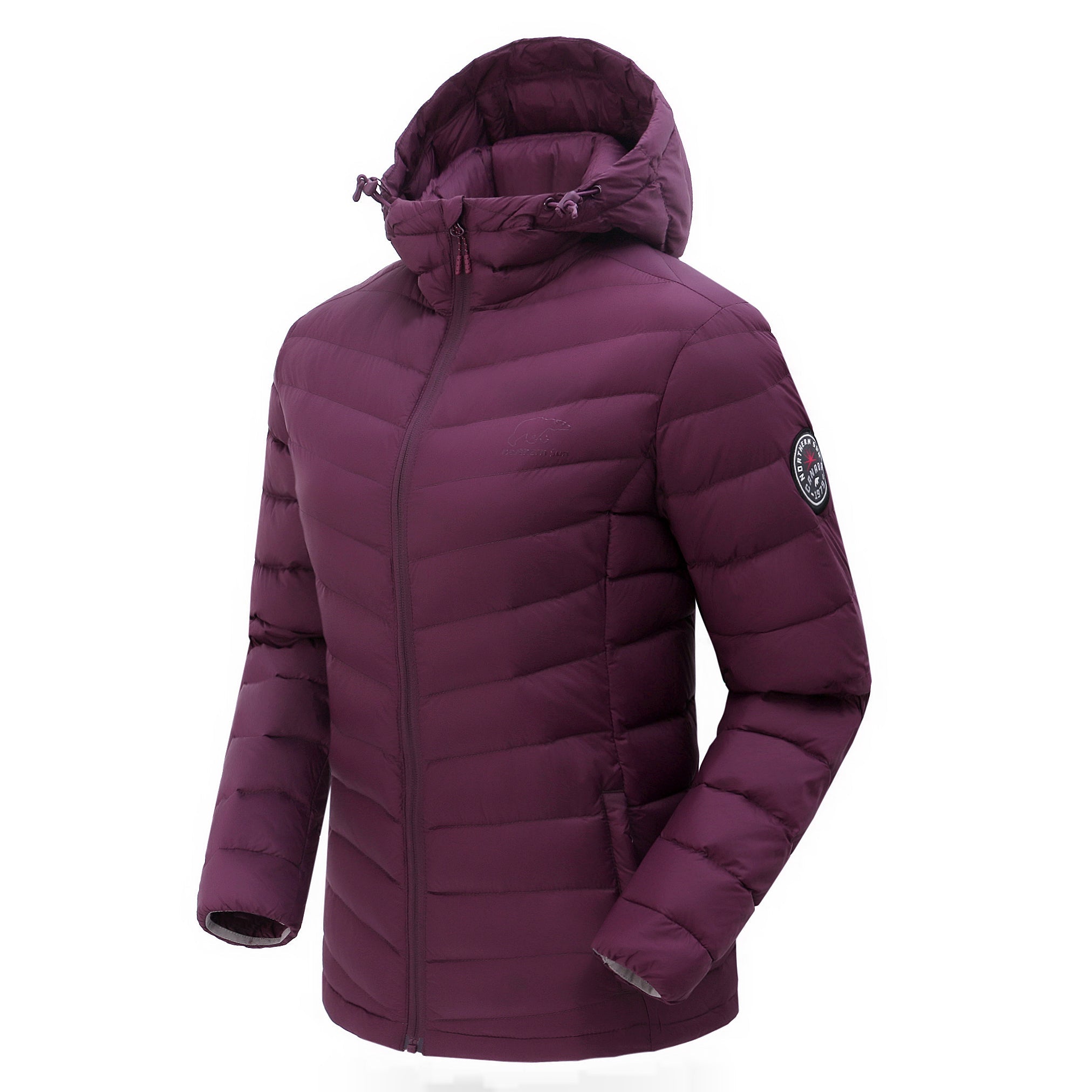 Purple puffer jacket with a hood on a white background