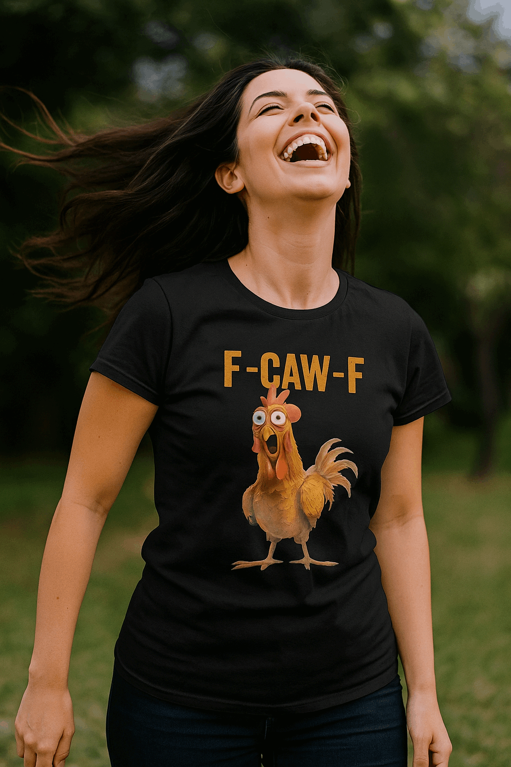 Woman wearing a black t-shirt with a rooster graphic and 'F-CAW-F' text outdoors.