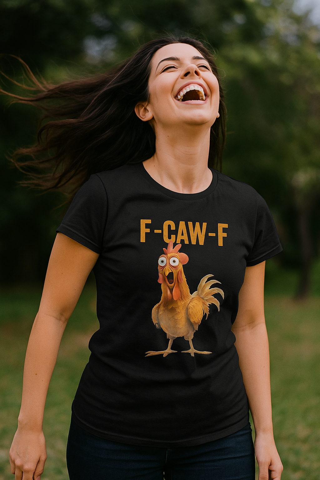 Woman wearing a black t-shirt with a rooster graphic and 'F-CAW-F' text outdoors.