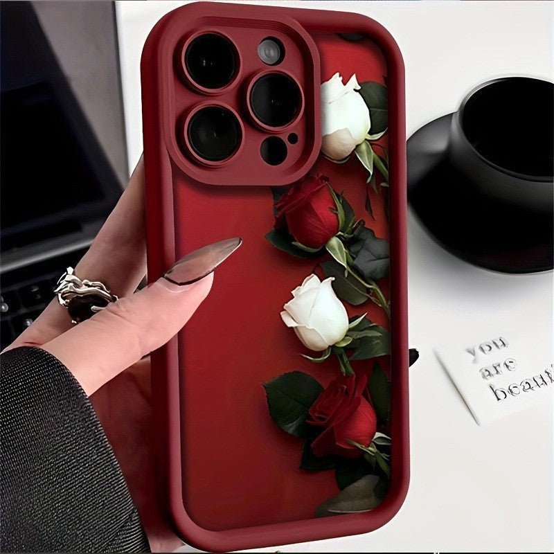 Wine Red White Rose Printed Silicone Phone Case - MyStylz