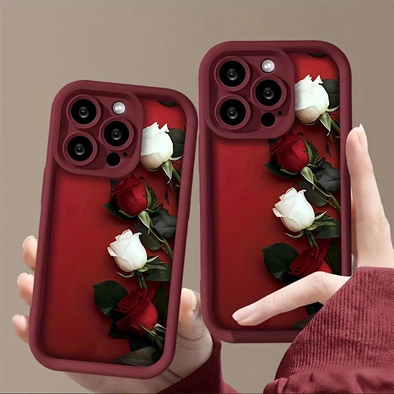 Wine Red White Rose Printed Silicone Phone Case - MyStylz