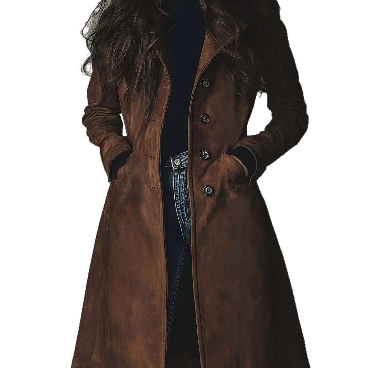 Women's Lapel Suede Long Trench Coat - MyStylz